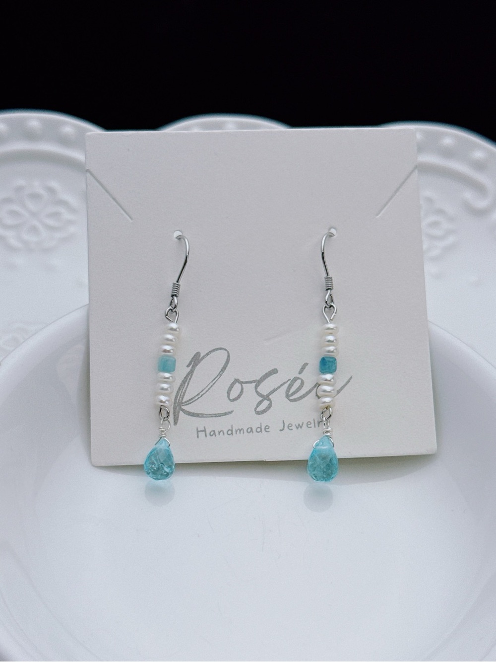 26E562 Handmade Freshwater Pearl Blue Topaz Dangling Earrings S925 hooks